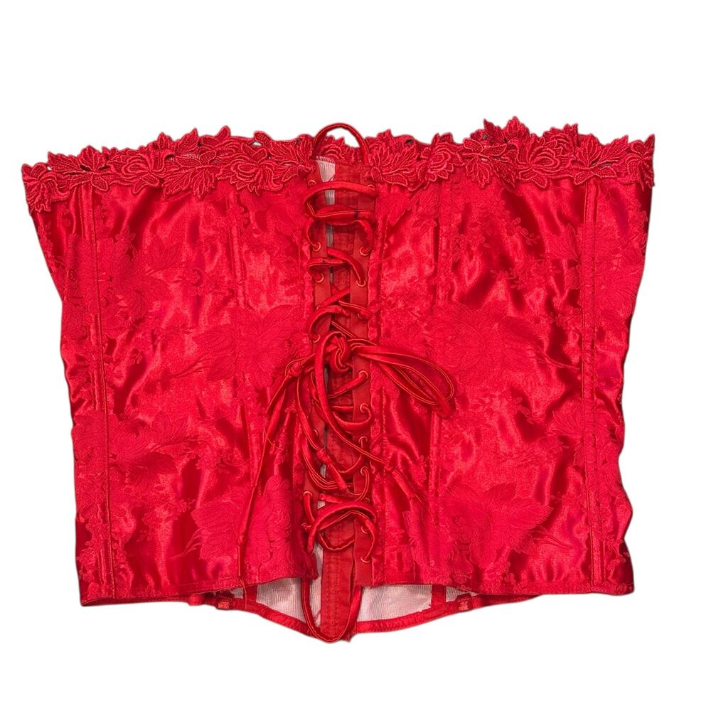 VTG 90s Empire Intimates Red Brocade Edwardian Waist Cinching‎ Boned Corset 44